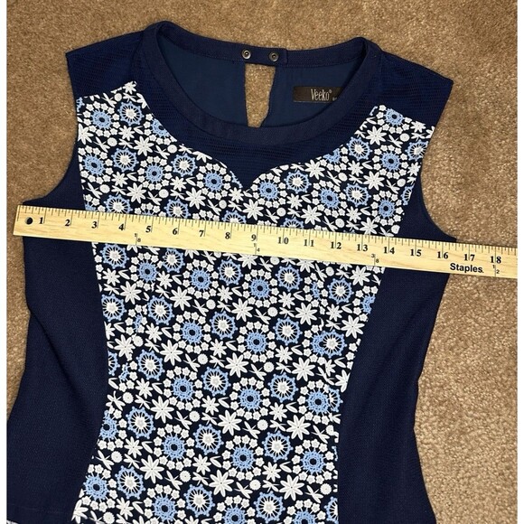 Veeko DaisyFloral Fit & Flare Dress NavyBlueWhite Retro Print Sleeveless Size 34 - Picture 7 of 11